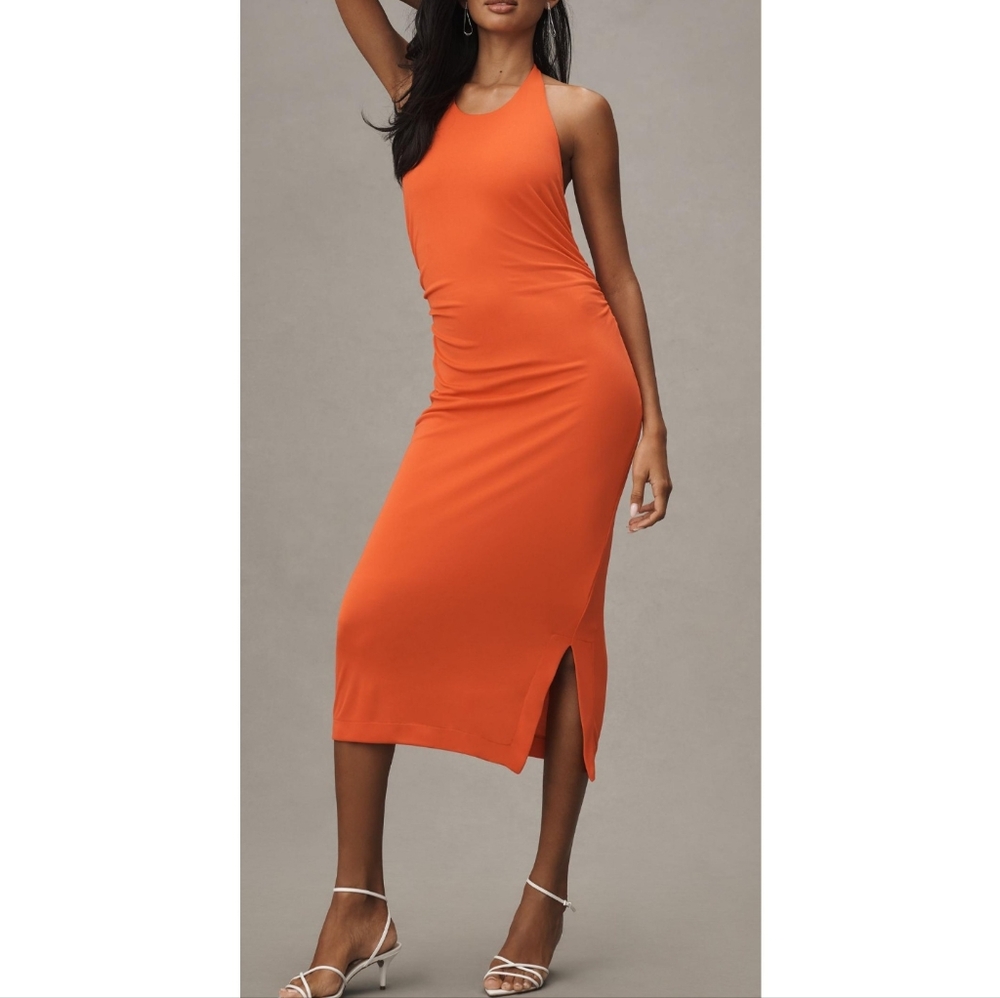 Anthropologie Slinky Knit Midi Halter Dress In Orange